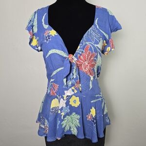 Cleobella Rayon Blue Open Back Floral Top Size M